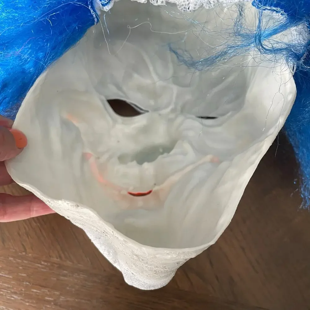 Creepy Clown Mask Halloween Costume Black Light Glows Pennywise Blue Hair NWT